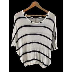Papaya Semi Sheer Coastal Open Knit Black White Stripe Dolman 1/2 Sleeve Top Med